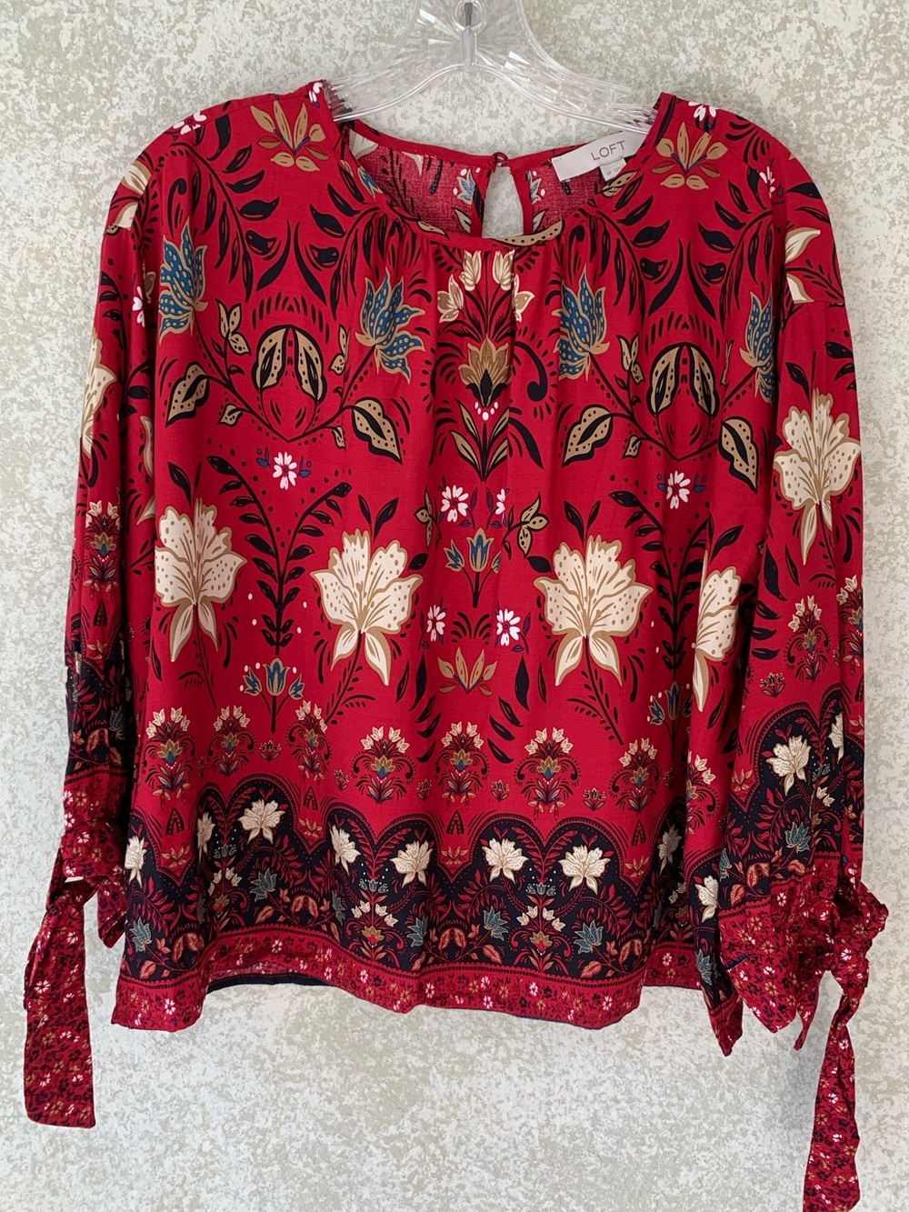LOFT Red Floral Tie-Sleeve Blouse Small Petite Lightweight Fall